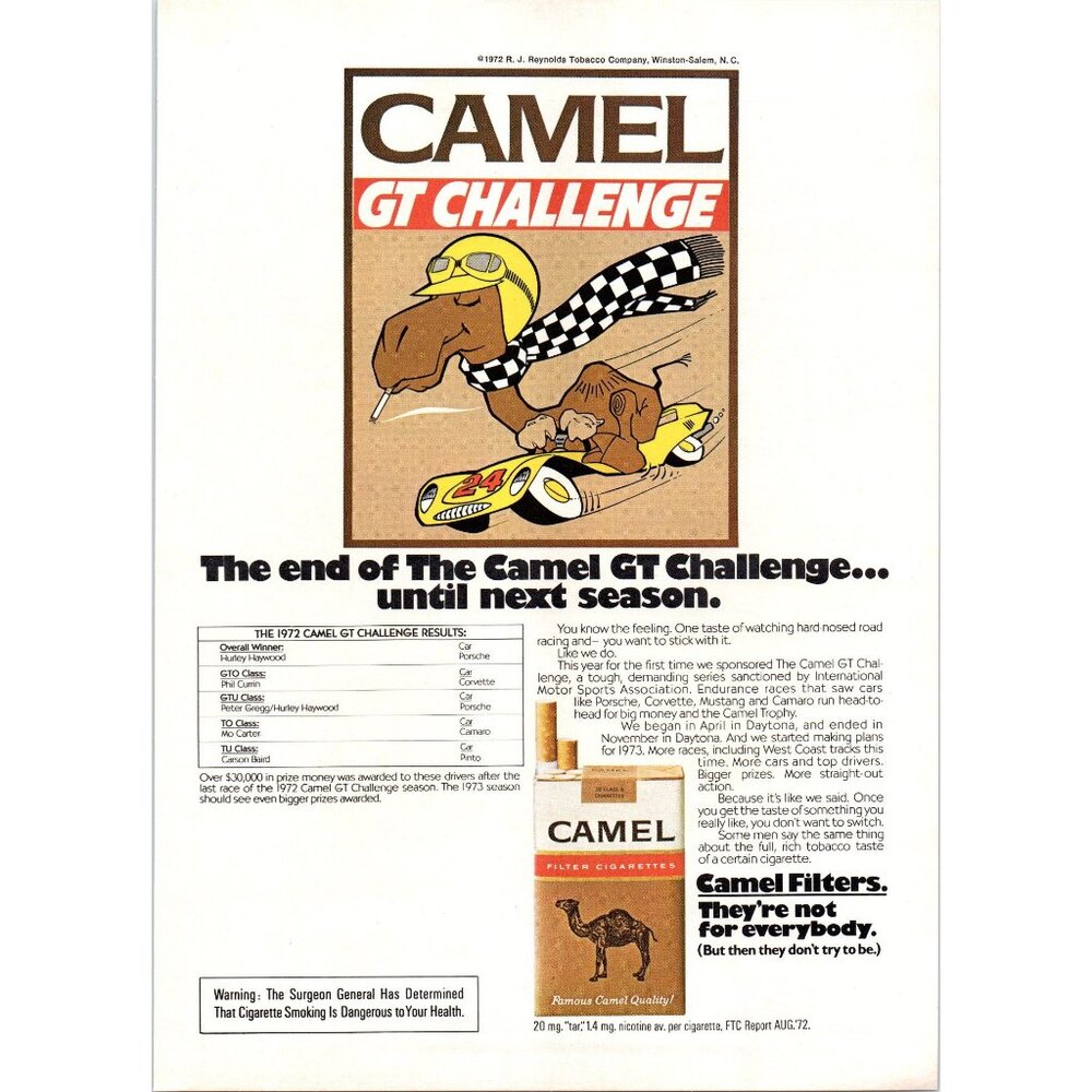 1973 Camel Cigarettes GT Challenge Race Series Vintage Print Ad 70s Wall Art
